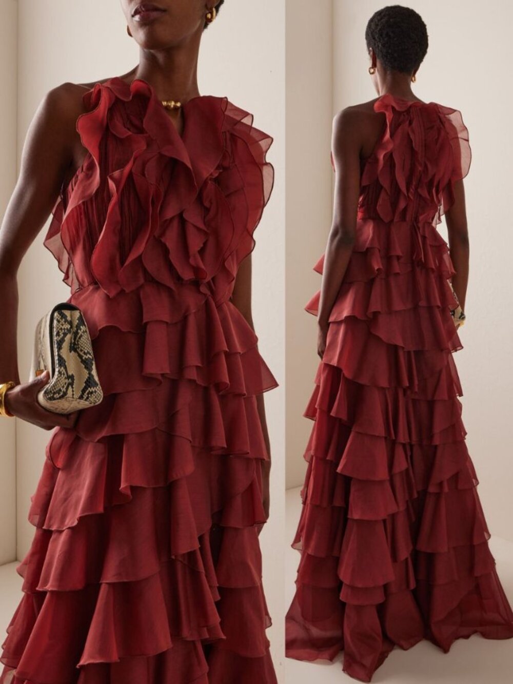 Aje Cleo Gown Rust Brown Orange Ruffle Chiffon Maxi Dress NWT Size AU 8 US 4